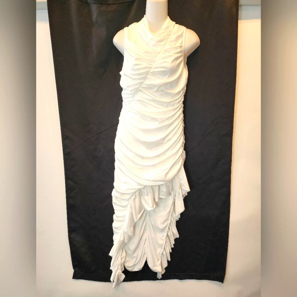 New White Sexy Bodycon Dress Ruched Fitted White Party Fitted Dress High Low S